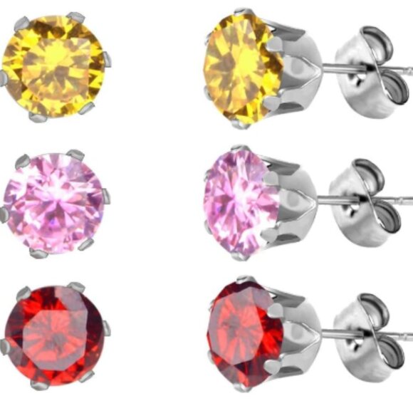 NEW SET OF 6 Multi Color Faceted Solitaire Cut Stone STAINLESS STEEL Earrings - Picture 3 of 7